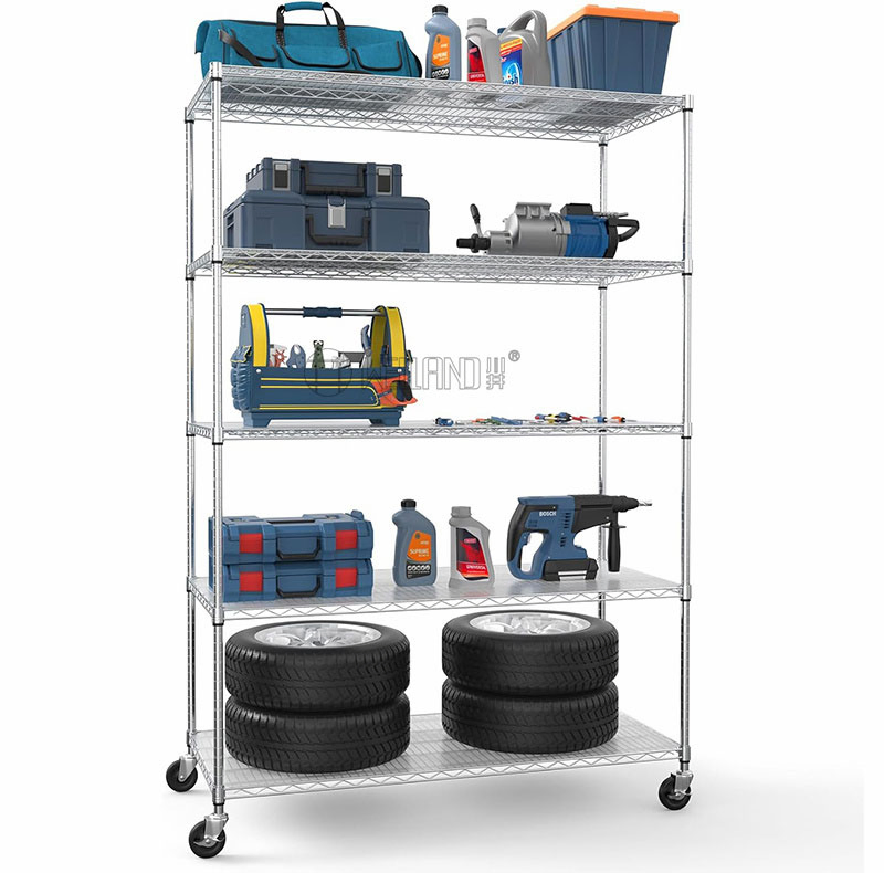 Heavy Duty Powder Coated Steel Industrial Wire Shelving System 5 Tiers Garage Metal Racking Unit on Wheels