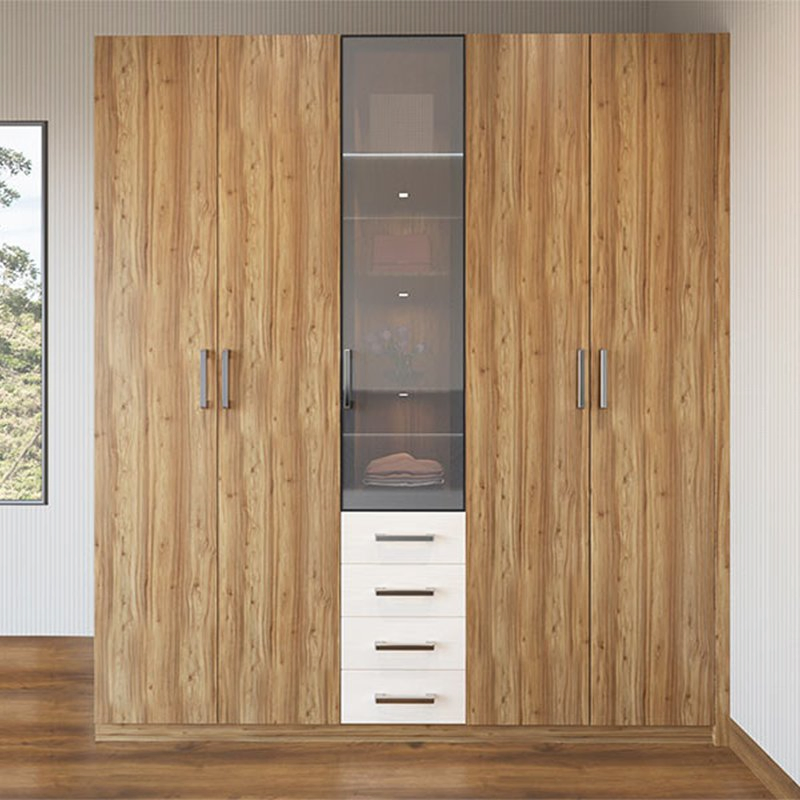 Modern Wood Grain Double Door Wardrobe with Smooth Hinged Design