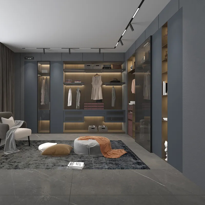 Custom Classic Luxury Open Door Leather Walk in Closet Wardrobe with Lighting System