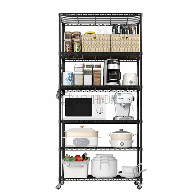 Vertical 6-Tier Storage Rack System Movable Black Epoxy Coated Metal Wire Shelving