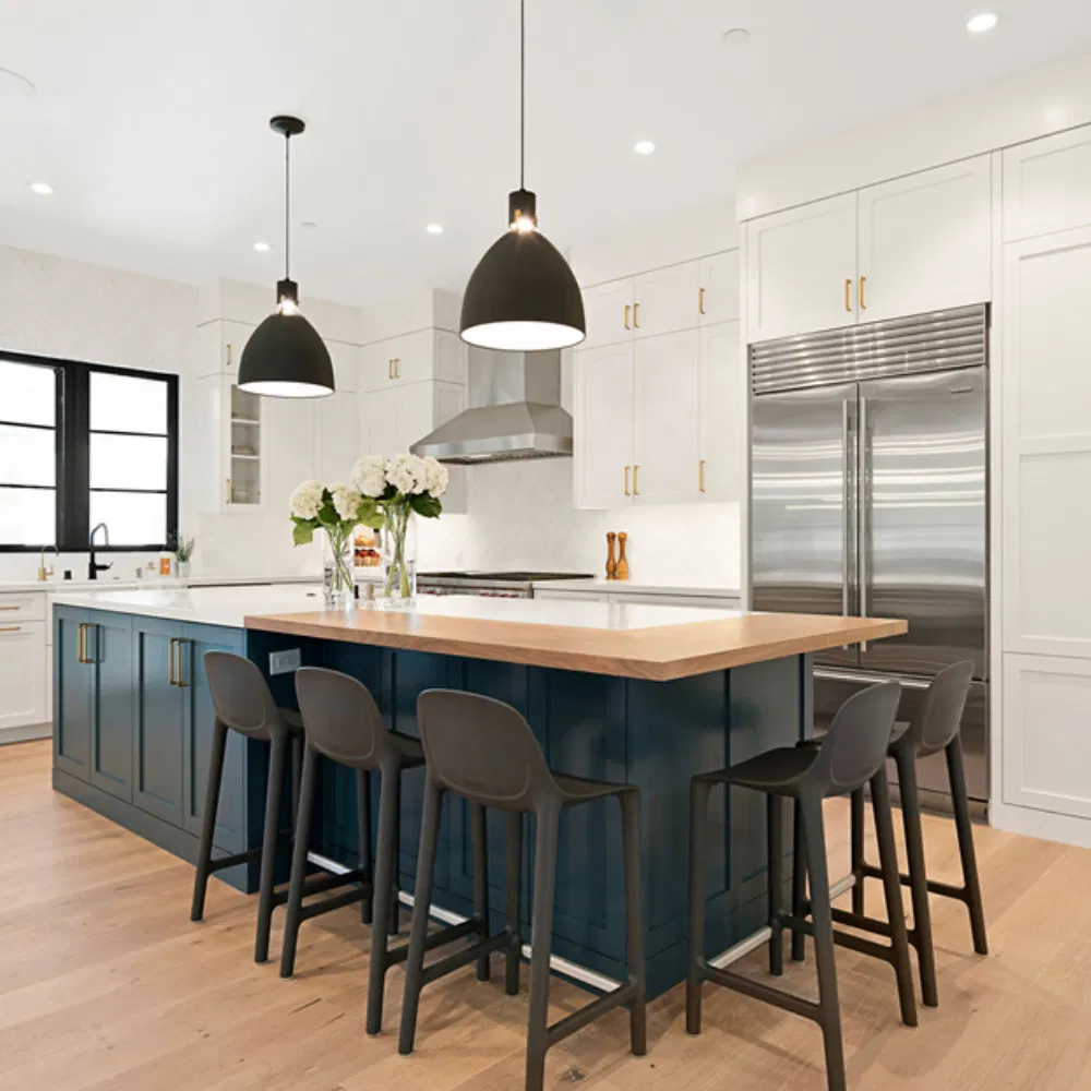 Cbmmart High Gloss Surface Finished Cabinet White Flat Panel Modern Kitchen Cabinets Modular Design Marble Island