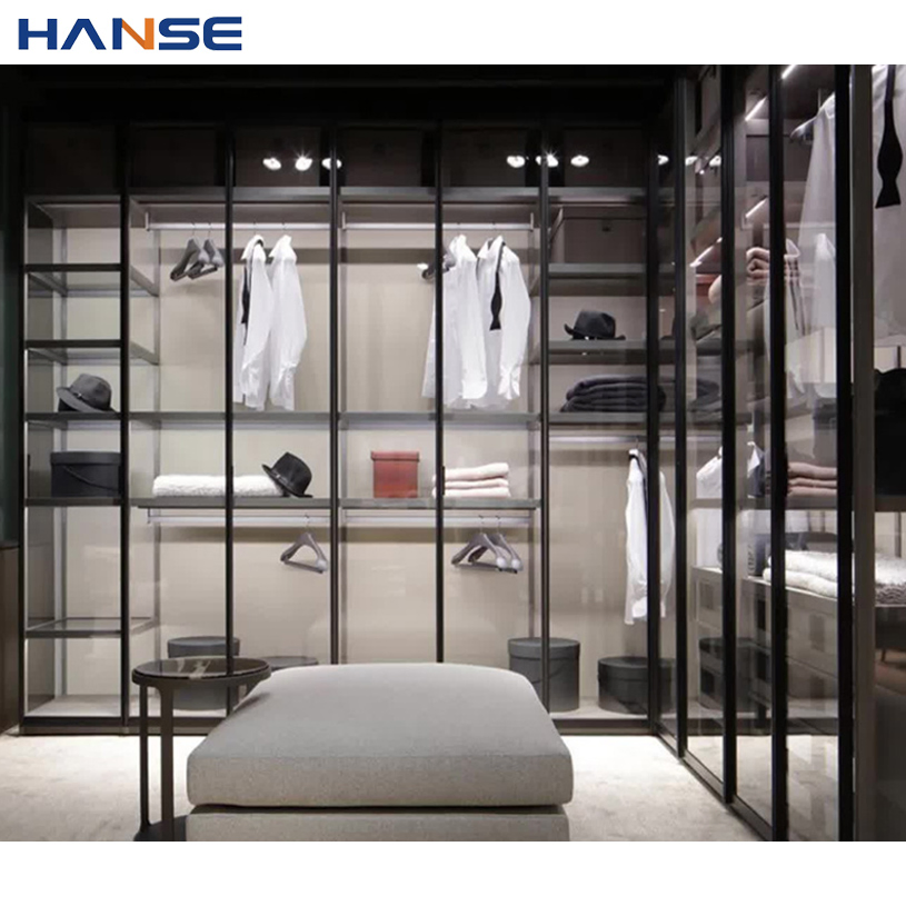 Free 3D Design U Shape Walk in Closet System Customized Aluminium Frame Glass Door Walk in Wardrobe for Villa