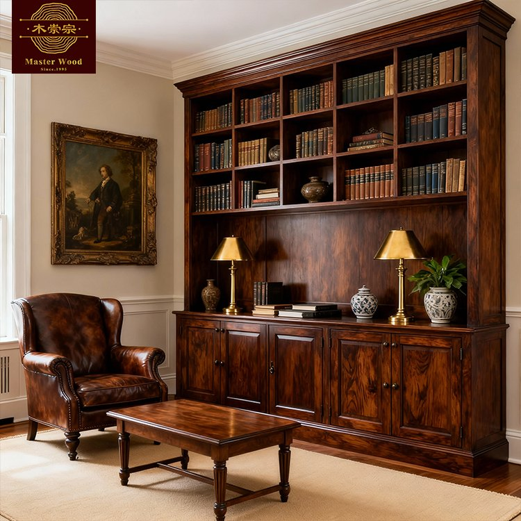 Custom Dark Solid Wooden Bookcase Book Cabinet - Vintage Luxury Built-in Corner Study Room Furniture with Rolling Ladder Whole House Customization