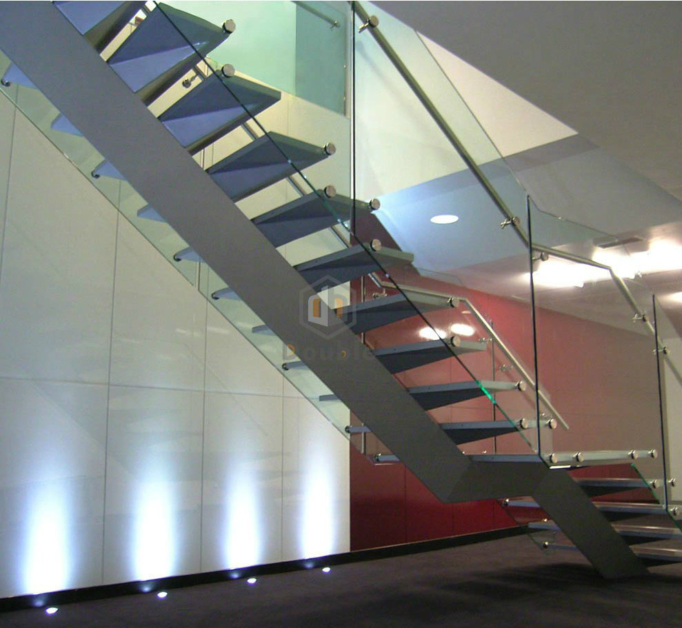 Residential Indoor Stairs Straight Staircase Mono Stringer Stair Wood Step Glass Railing