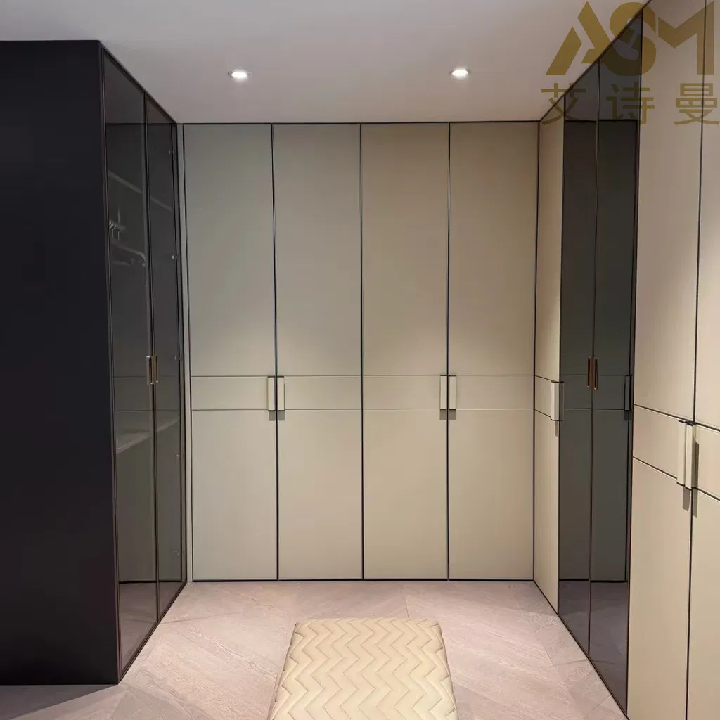 Customizable Wardrobe System with Aluminum Sliding Glass Doors and a Central Dressing Table Bedroom Hotel Room Sliding Wardrobe