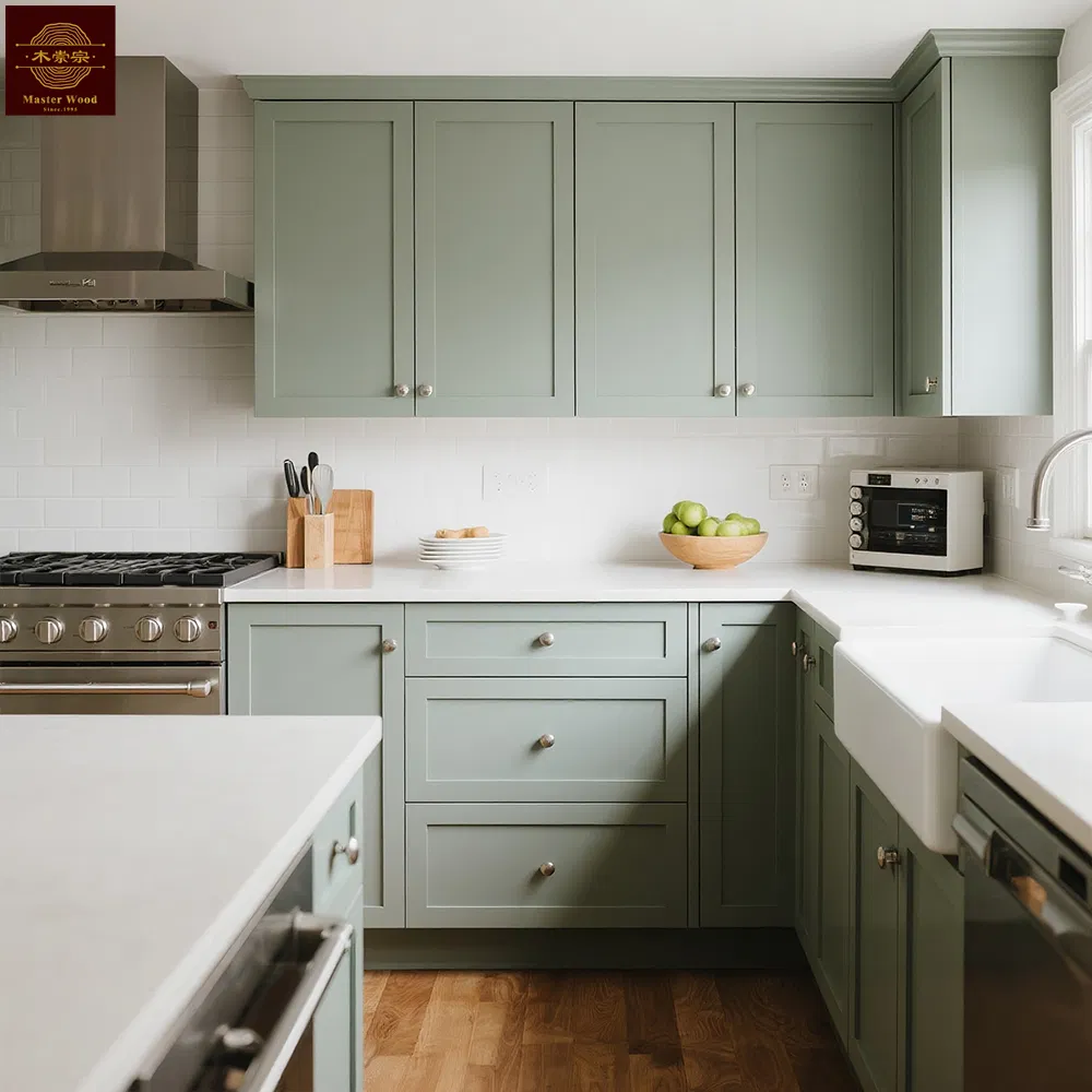 Custom Luxury Eco-Friendly Green Matte Lacquer Solid Wood Shaker Style Kitchen Cabinet Set - Modern Farmhouse Soft Close Hardware OEM/ODM
