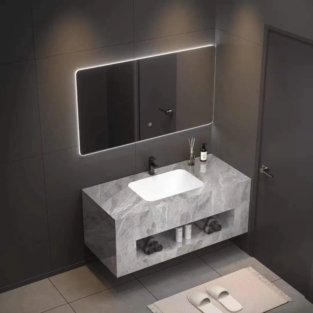 Customized Bathroom Cabinet Sets Curved Shaker Style Marble Top Solid Wood Freestanding Vanity