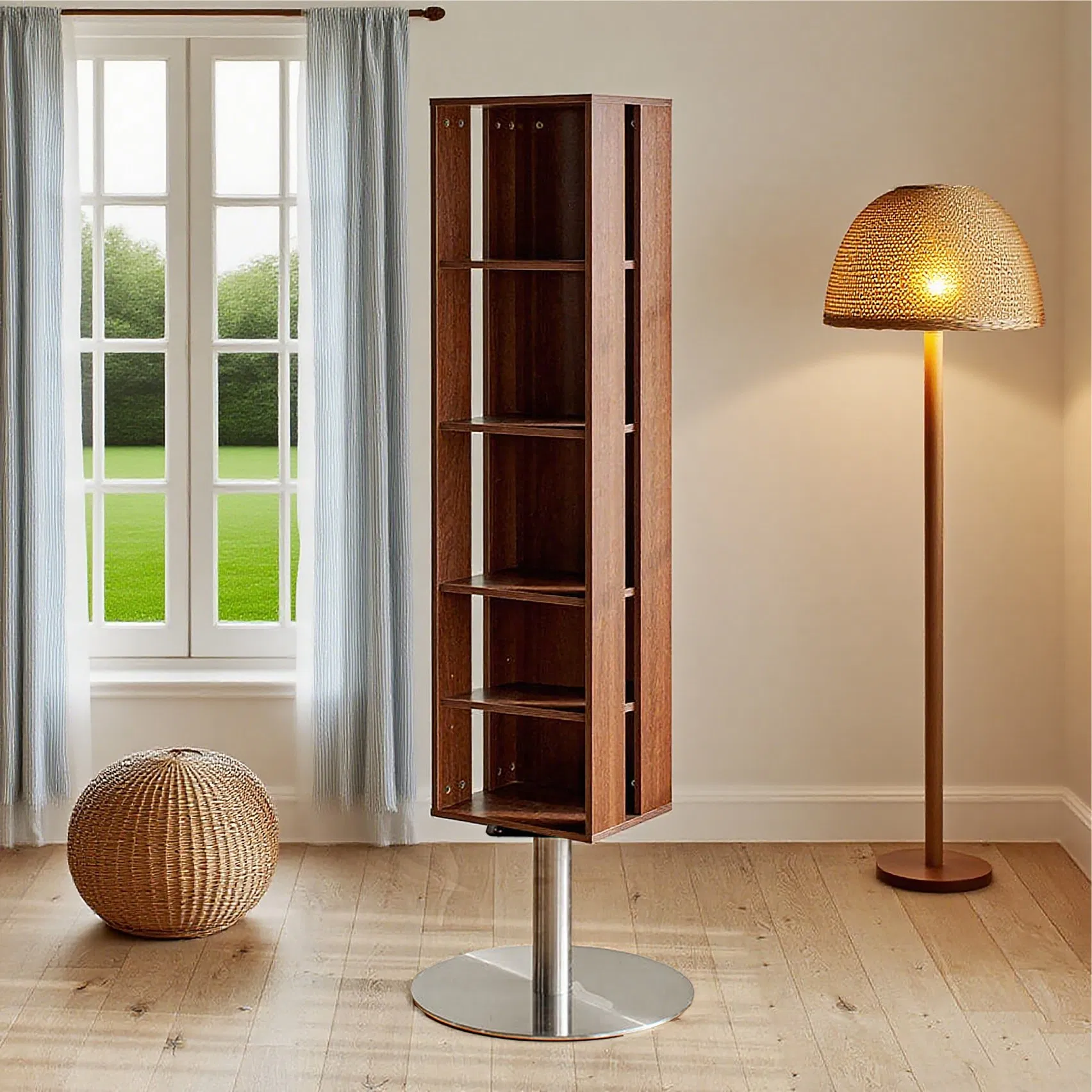 Multi-Functional Shelf with Rotating Feature and Built-in Mirror, Wooden Bookshelf