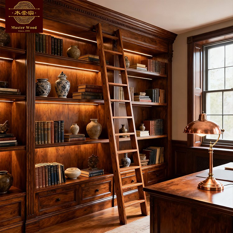 Custom Dark Solid Wooden Bookcase Book Cabinet - Vintage Luxury Built-in Corner Study Room Furniture with Rolling Ladder Whole House Customization