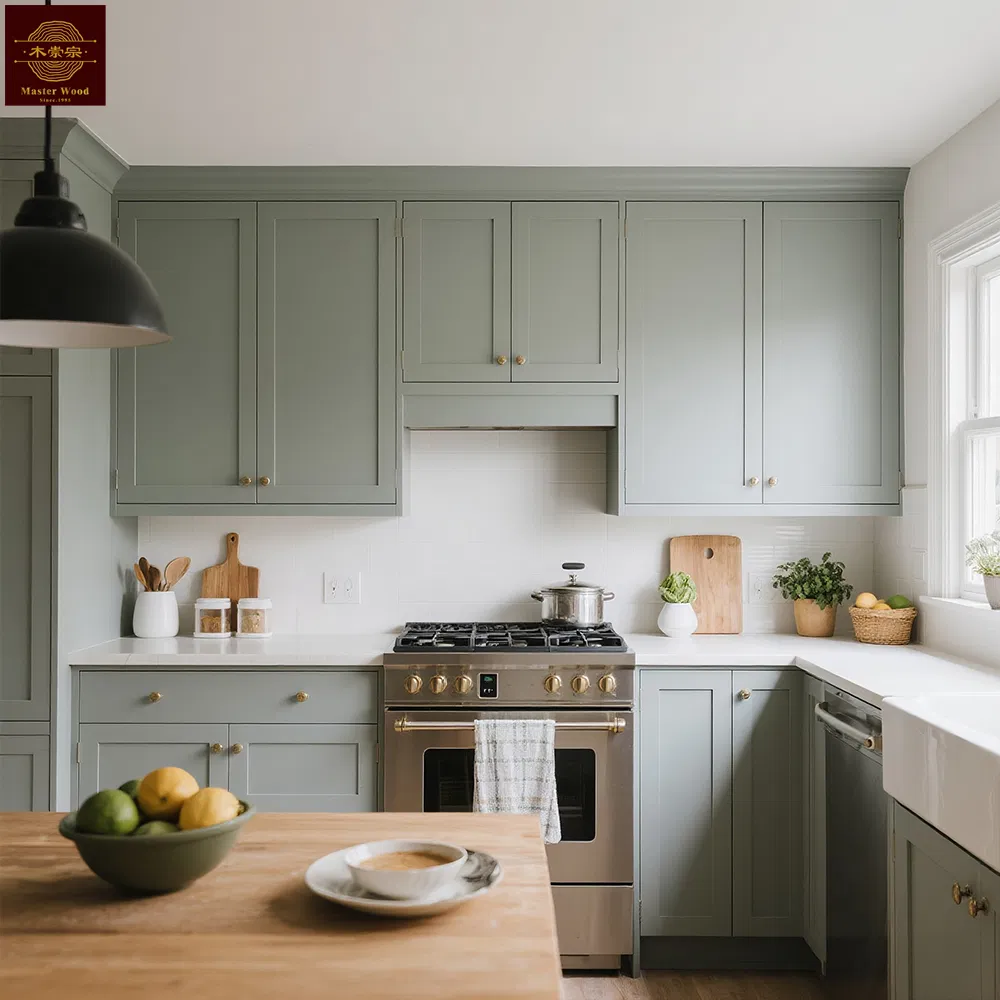 Custom Luxury Eco-Friendly Green Matte Lacquer Solid Wood Shaker Style Kitchen Cabinet Set - Modern Farmhouse Soft Close Hardware OEM/ODM