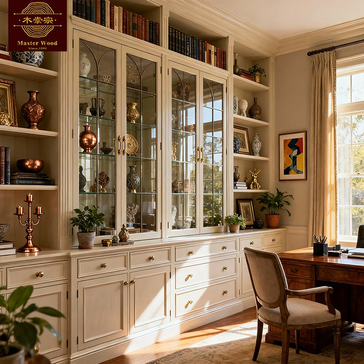 Custom Solid Wooden Bookcase - Classic American Style Built-in Bookshelf with Cabinet Storage for Study Room Whole House Customization Book Cabinet