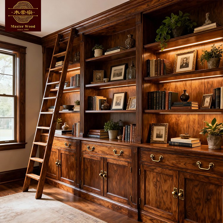 Custom Book Cabinet Solid Wooden Vintage Luxury Built-in Corner with Open Shelves &amp; Cabinet Storage for Study Room Whole House Customization - Bookcase