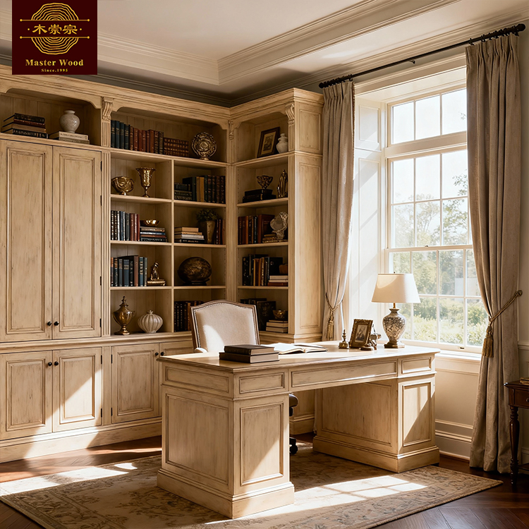 Custom Light Beige Solid Wooden Book Cabinet Vintage French Elegant Built-in Corner for Study Room Whole House Customization Bookcase