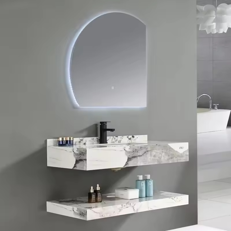 Customized Bathroom Cabinet Sets Curved Shaker Style Marble Top Solid Wood Freestanding Vanity