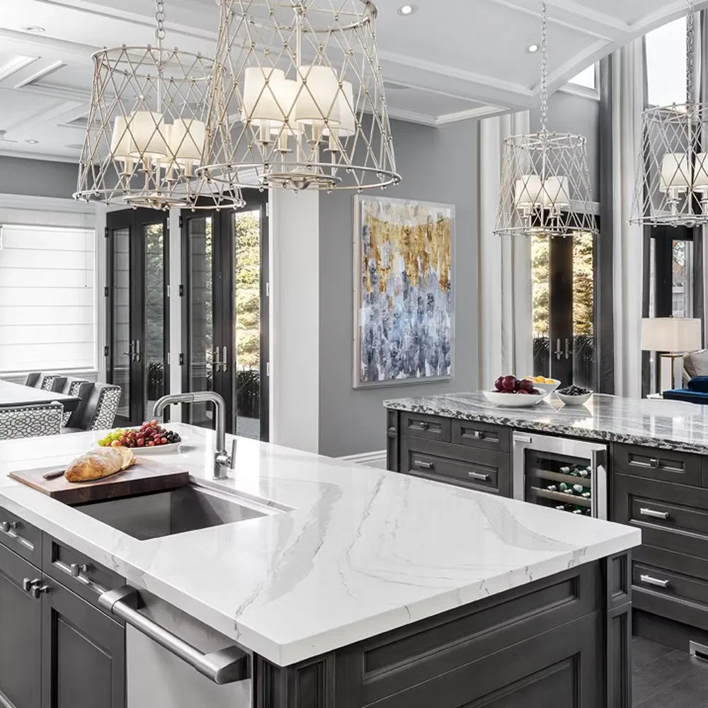 OEM Factory Home Furniture Kitchen Dining Table Island with Kitchen Cabinet in Modern Design and Solid Surface Stone Quartz Taj Mahal Countertop Island Top