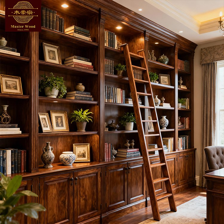 Custom Book Cabinet Solid Wooden Vintage Luxury Built-in Corner with Open Shelves &amp; Cabinet Storage for Study Room Whole House Customization - Bookcase