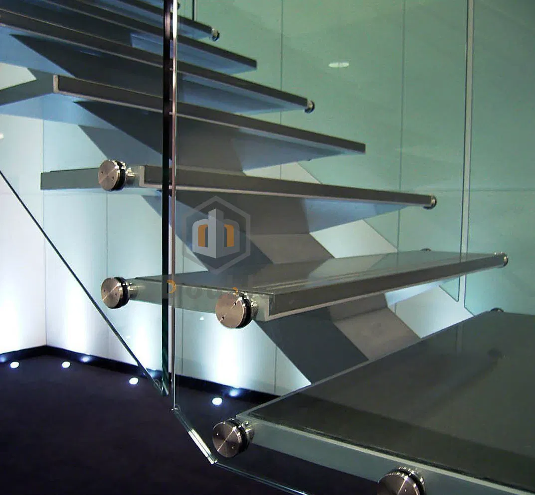 Residential Indoor Stairs Straight Staircase Mono Stringer Stair Wood Step Glass Railing