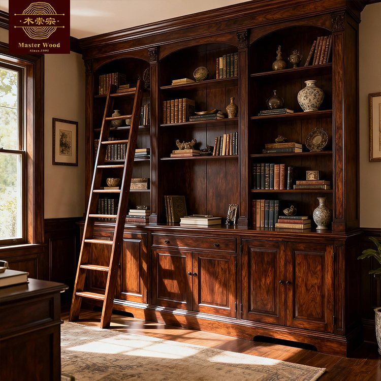 Custom Solid Wooden Bookcase - Classic American Style Built-in Bookshelf with Cabinet Storage for Study Room Whole House Customization Book Cabinet