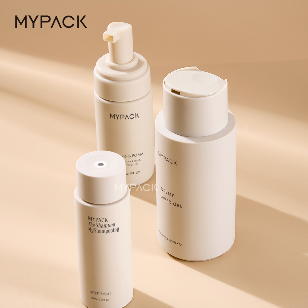 MYPACK Luxury Soft Touch Pe Beige Plastic Round Shampoo Lotion Pump Squeeze Bottles Set Cosmetic Cream 100ml 200ml 450ml