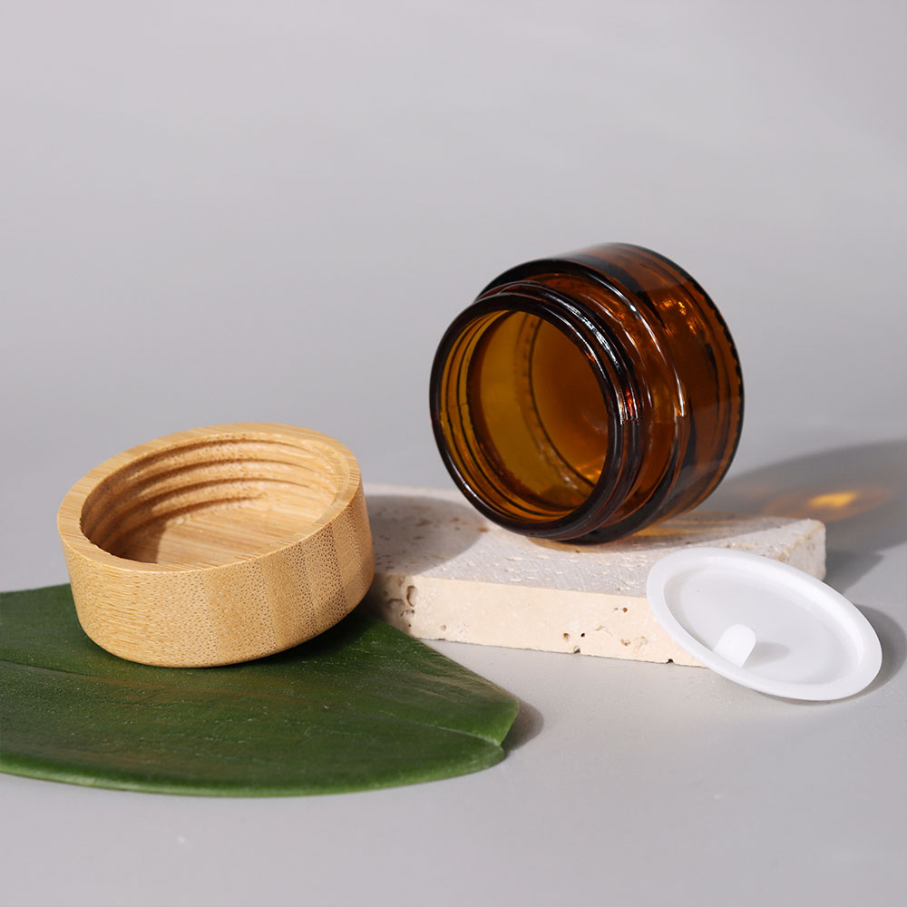 Empty 5g 15g 30g 50g 60g 100g Frosted Amber Face Body Cream Skin Care Containers Bamboo Glass Cosmetic Jars With Bamboo Lid
