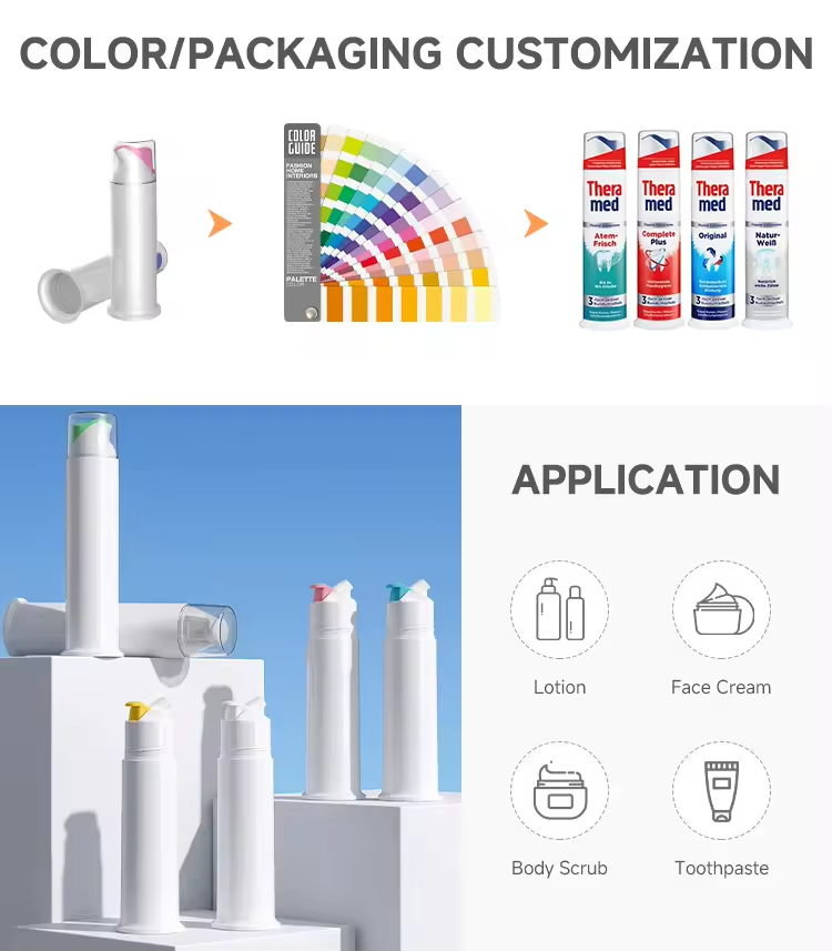 Custom Wholesale 100ml Cosmetic Packaging Skin Care Lotion Airless Toothpaste Tube Airless Pump Plastic Packaging