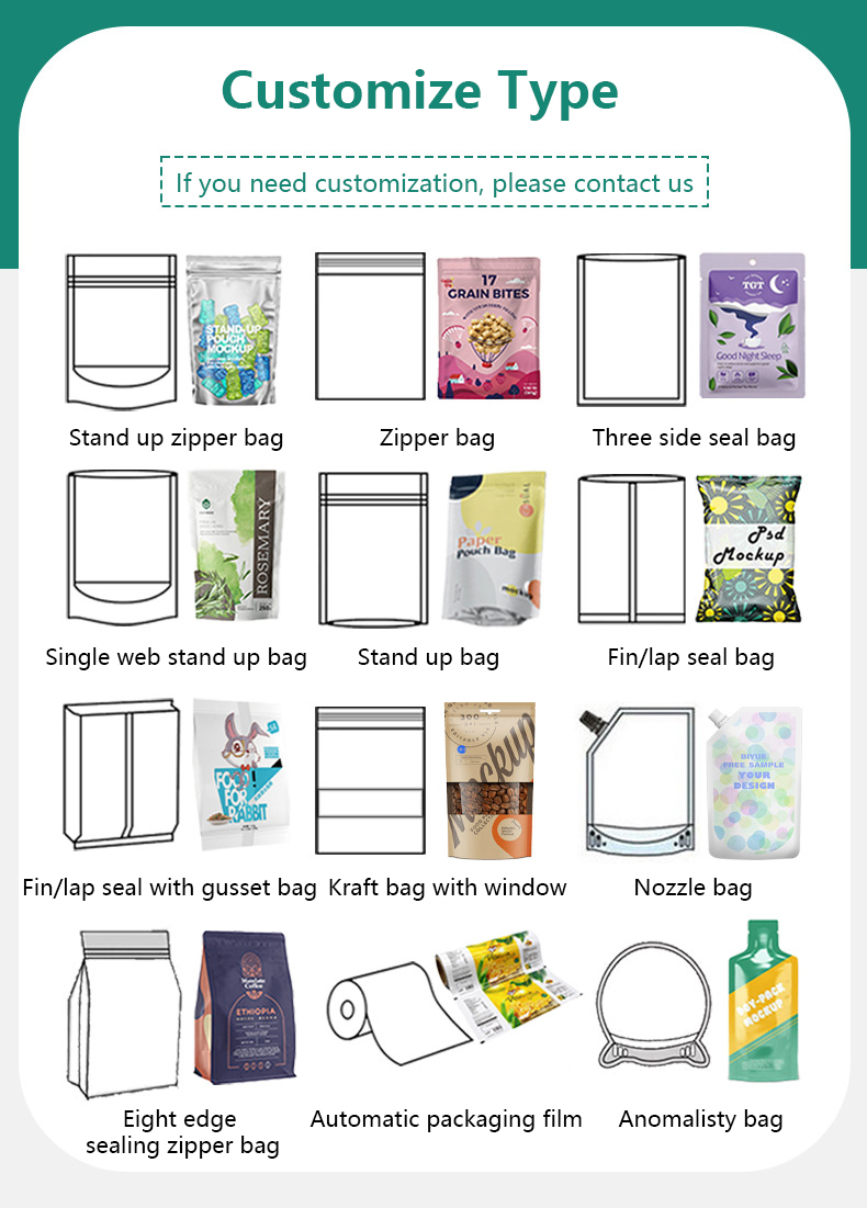 Custom Food Packaging Stand up Pouch Doypack Aluminum Foil Mylar Plastic Ziplock Zip Lock Bag for Cosmetic Clothing