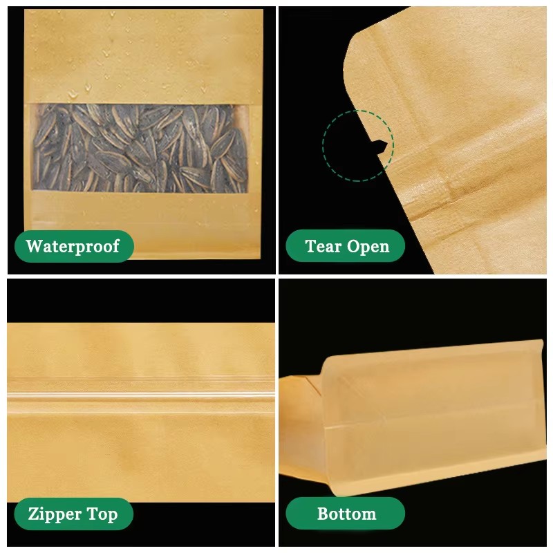 Custom Printing Zip Lock Flat Bottom Recyclable Clear Window Stand up Pouch Premium Food Tea Coffee Salad Cakes Pet Food Jelly