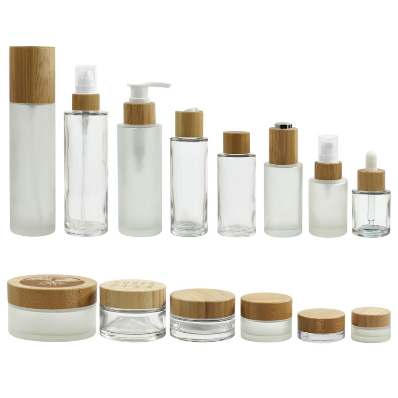 Cosmetics Sets Skincare Bamboo Pump Head Lotion White Glass Frosted Dropper Bottle Packaging Containers