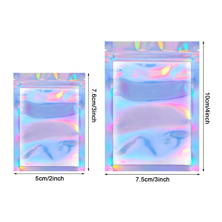 Custom Printed Plastic Smell Proof Zipper Mylar Zip Lock Packaging 3 Side Seal Beauty Hologram Bag Laser Holographic Bag