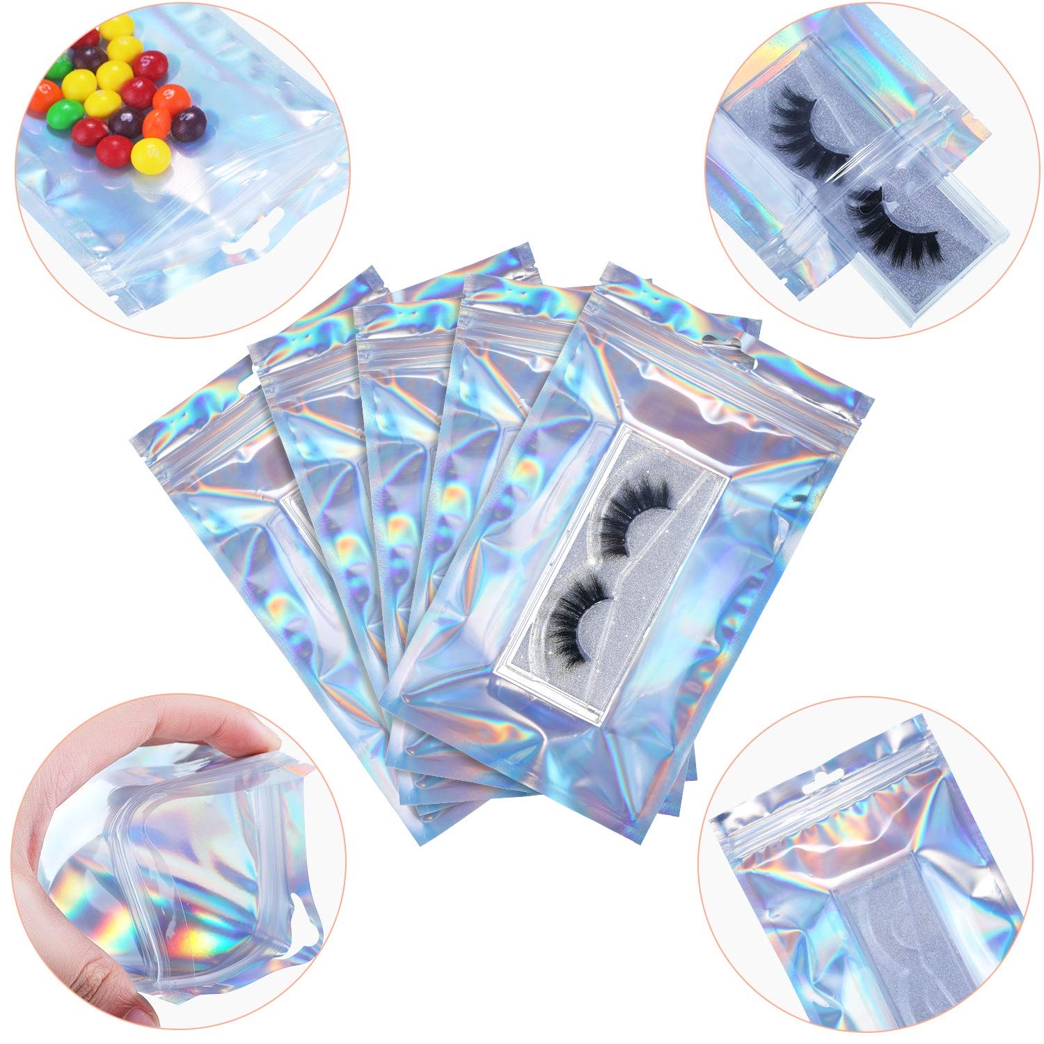 100pcs Resealable Holographic Zip Lock Mylar Bags Sealable Foil Sample Pouch Gift Baggies Cosmetic Packaging PE Ziplock Bag