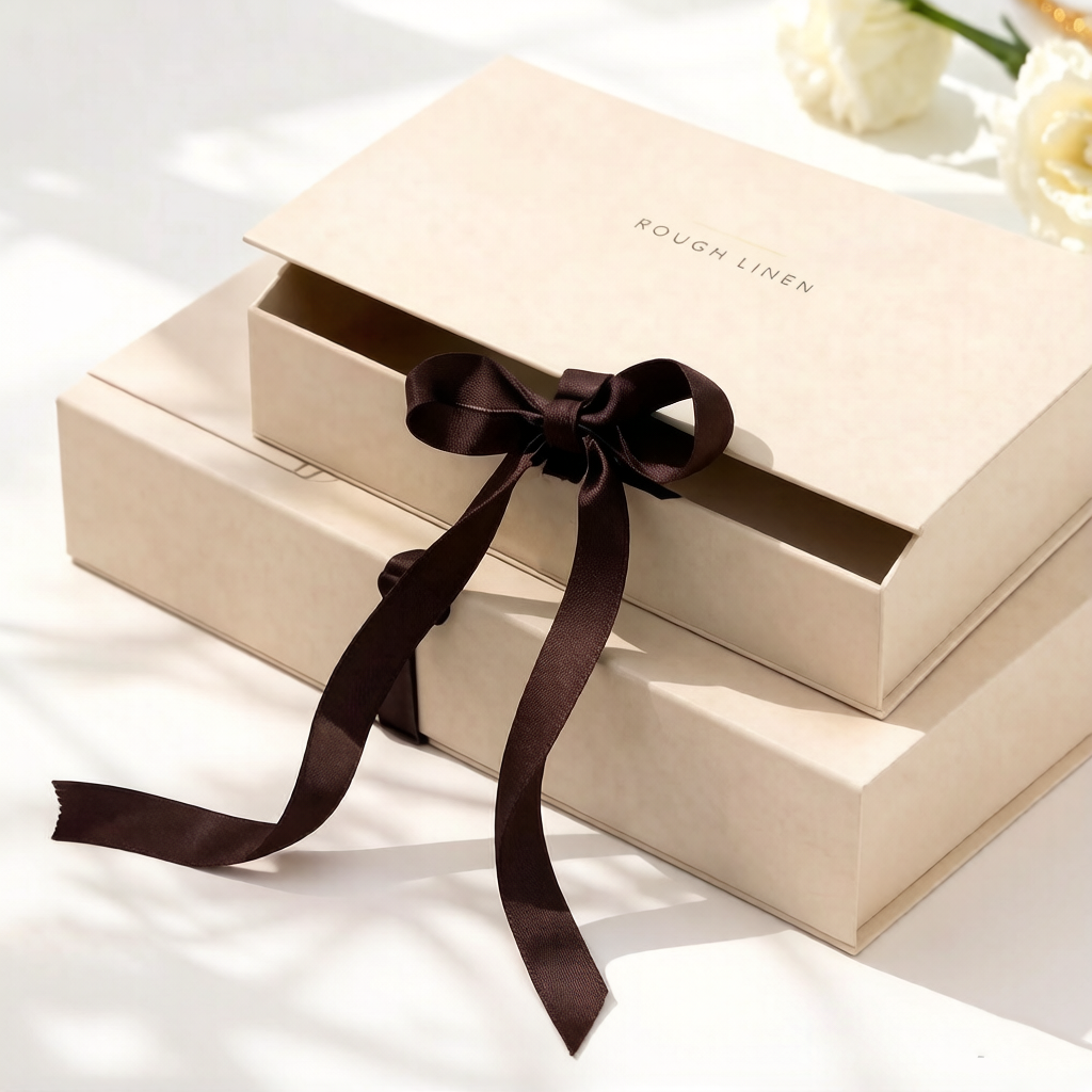 Custom Rigid Gift Box Linen Texture Paper Packaging Box With Ribbon For Jewelry Beauty And Perfume
