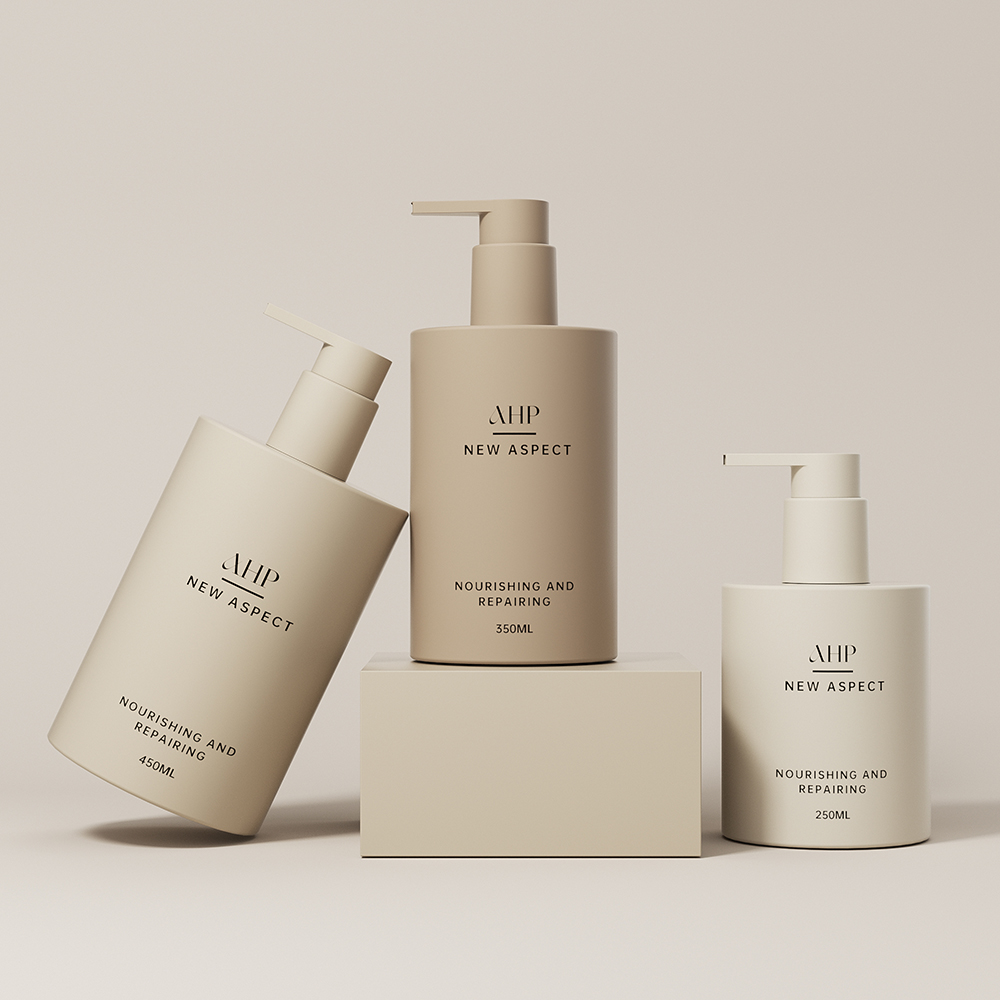 Hair Oil Packaging Bottle Set 250ml 350ml 450ml Beige Plastic Shampoo Lotion Pump Bottle Set With Box Packaging For Luxury Cream