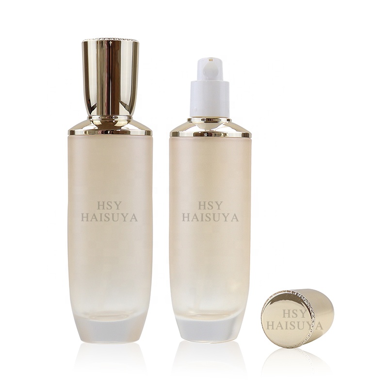 Translucent Beige Glass Jars Set Skin Care 50g 50ml 100ml 120ml Flat Shape Screw Cap Face Cream Serum Screen Printing