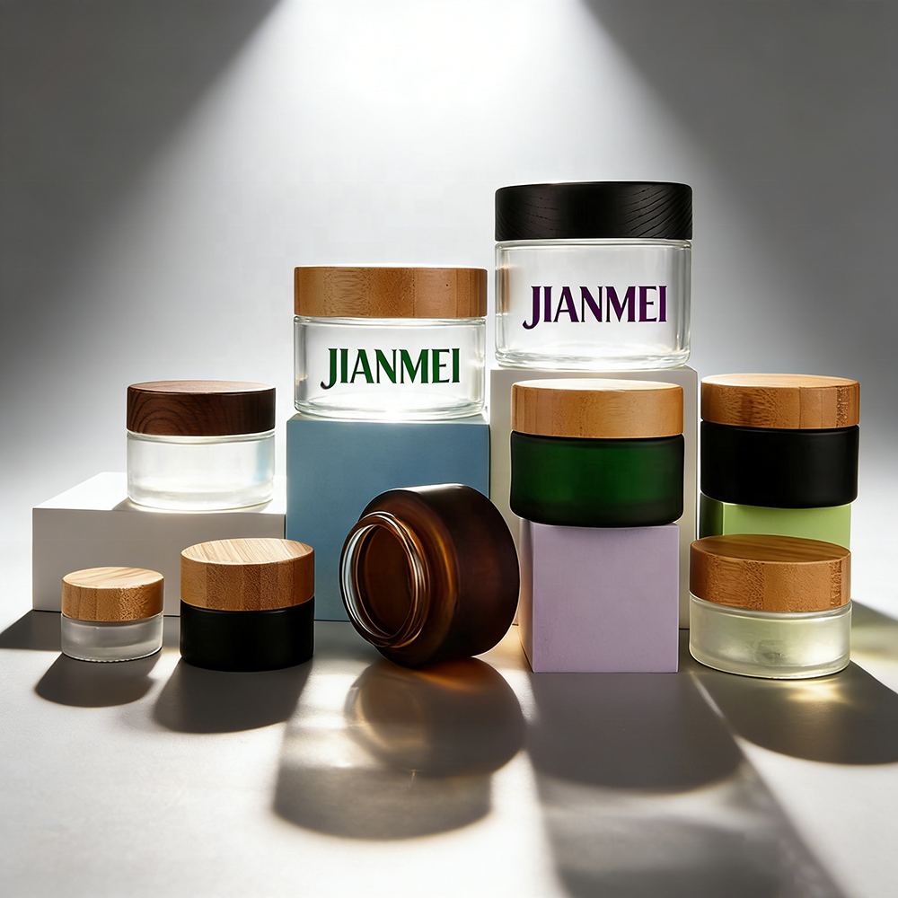 Frosted Amber Glass Jars 250ml 200ml 150ml 100ml 50ml 30ml 15ml Face Cream Glass Jar with Wooden Lid for Cosmetic Jar