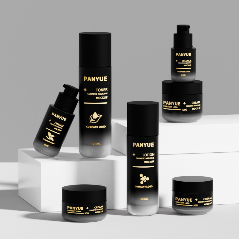 Customizable Color and Logo Lotion Pump Premium Skincare Packaging All Black Glass Bottle Set 100ml 120ml