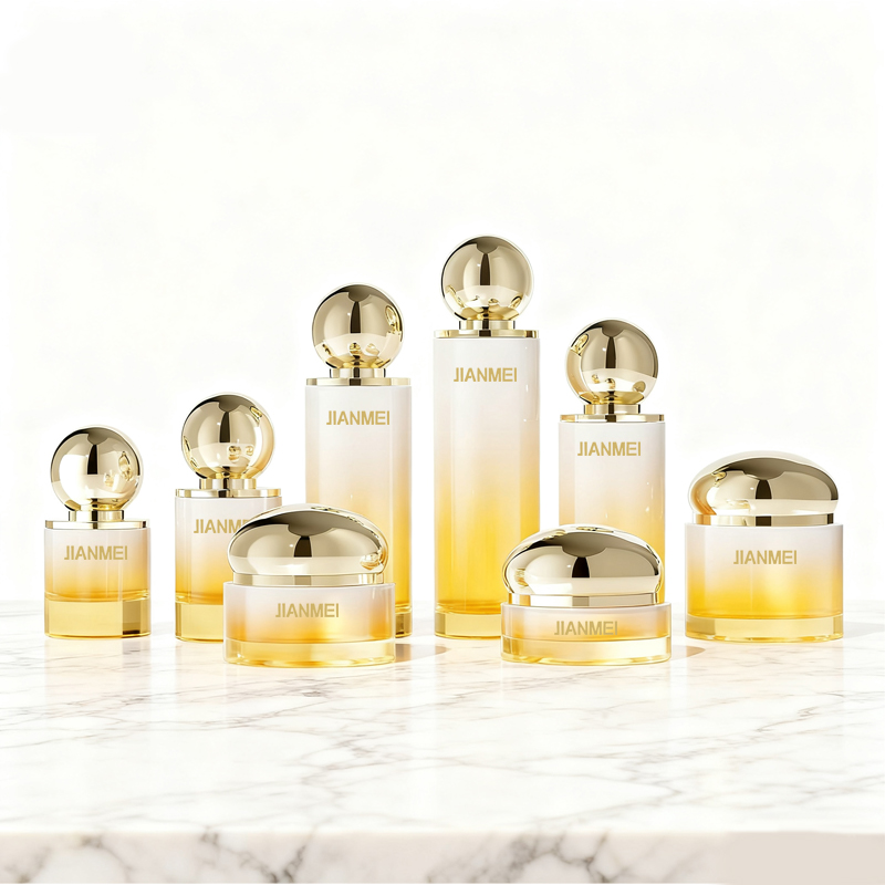 Luxury Wholesale Gold Ball-Shaped Glass Bottle Set Unique Lotion Pump Cream Jar With Offset Printing For Cosmetic Packaging
