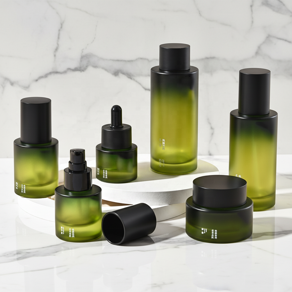 Cylinder Cosmetic Glass Bottle Set 30ml 50ml 100ml Face Cream Serum Lotion Custom Gradient Green Color Dropper