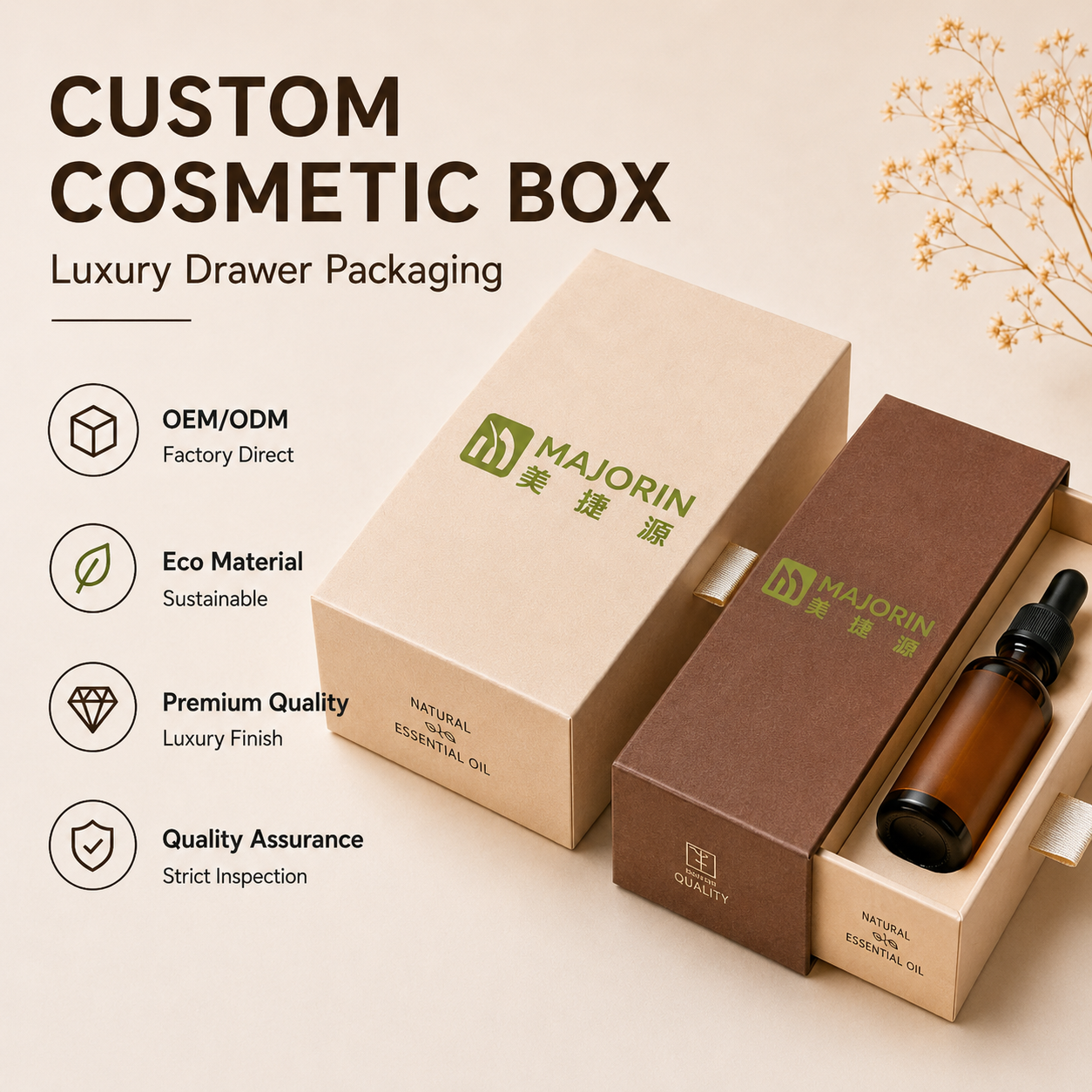 Custom Logo Luxury Eco-friendly Cosmetic Box Wholesale Rigid Paperboard Drawer Sliding Box Gold Foil Essential Oil Skincare