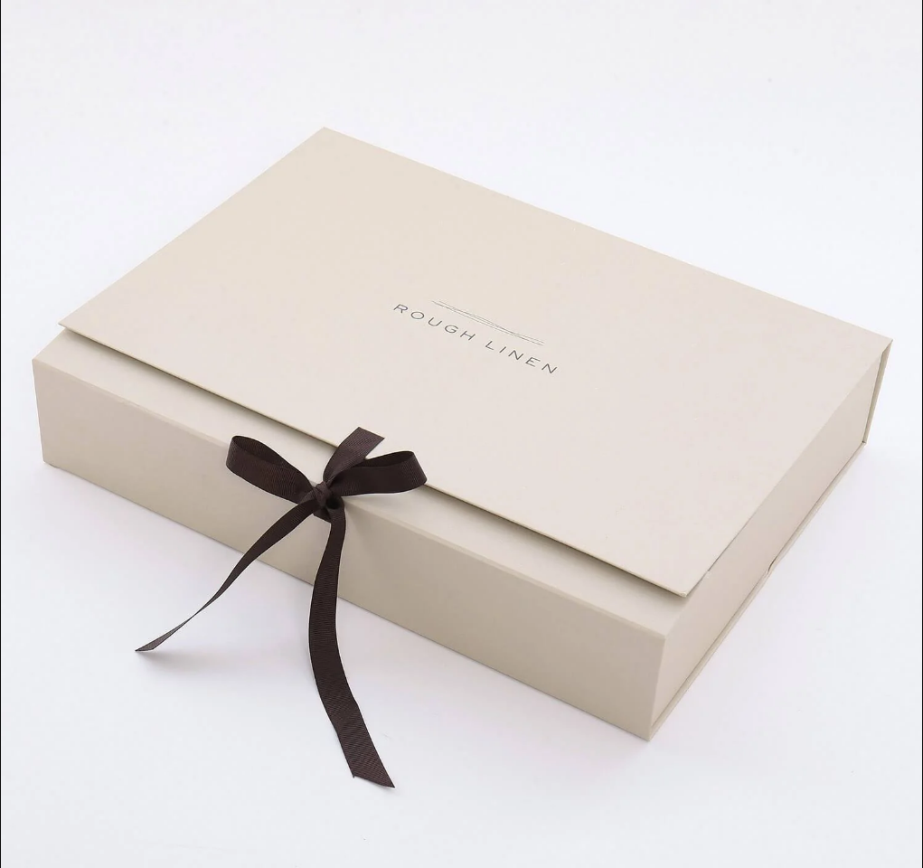 Custom Rigid Gift Box Linen Texture Paper Packaging Box With Ribbon For Jewelry Beauty And Perfume