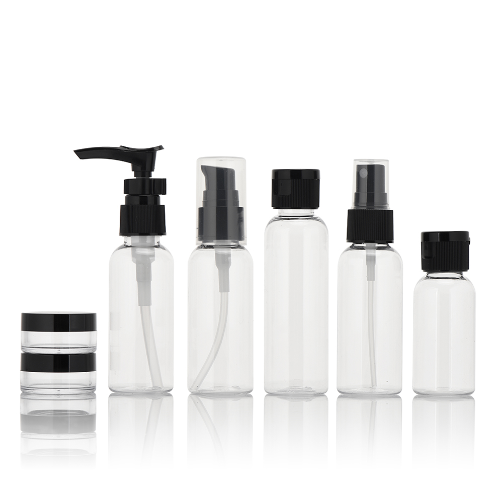 High Quality Plastic Carry on Travel Bottle Set with Screen Printed Labels for Skin Care Serum Lotion &amp; Shampoo
