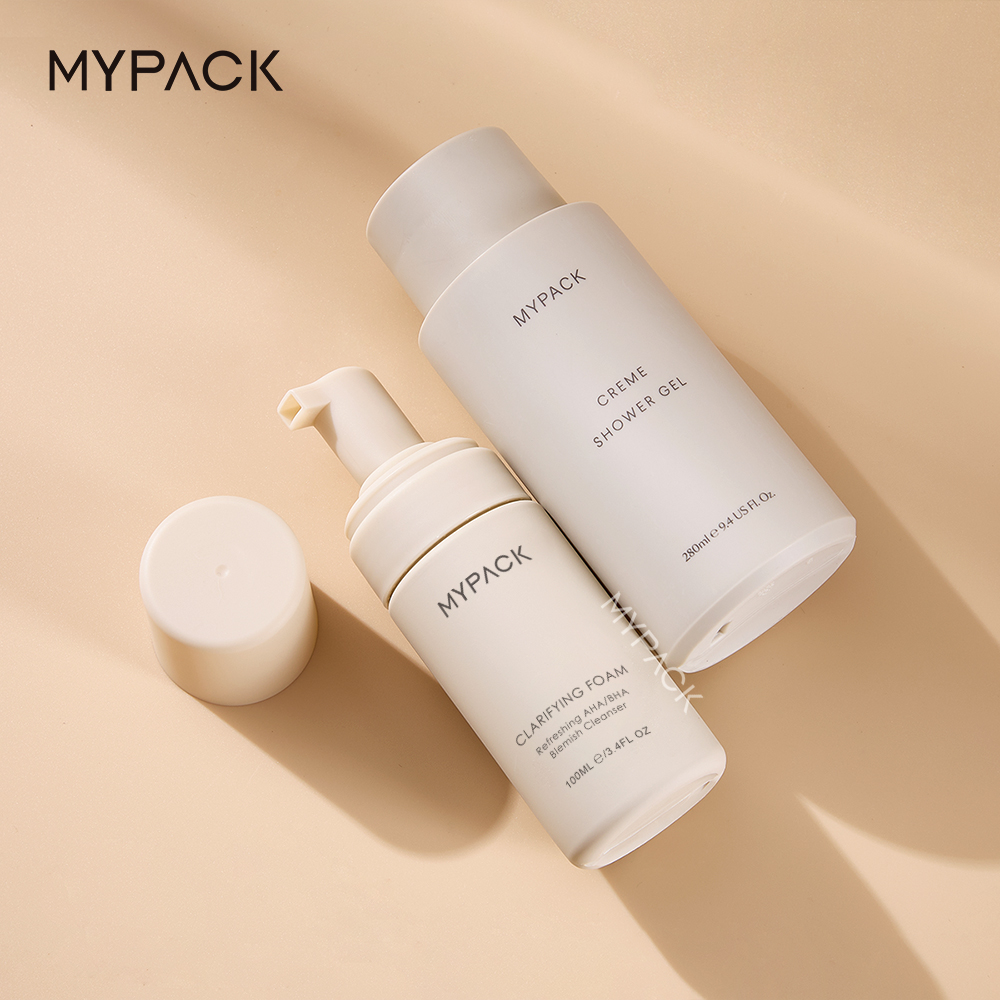MYPACK Luxury Soft Touch Pe Beige Plastic Round Shampoo Lotion Pump Squeeze Bottles Set Cosmetic Cream 100ml 200ml 450ml