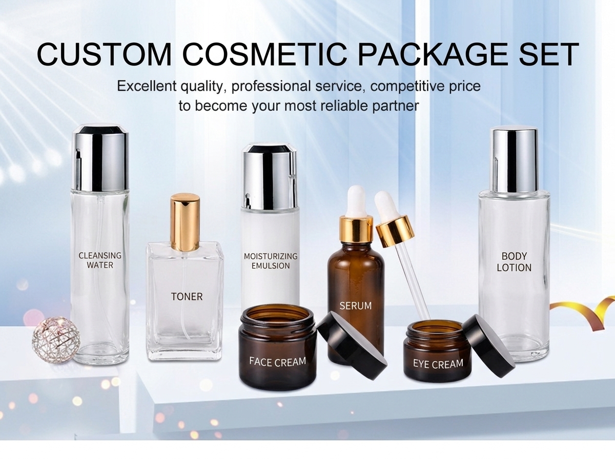 Luxury Champagne Gold Makeup Remover Lotion Bottle Skincare Package With 2oz Glass Cream Jar 320 Ml Glass Toner Water Bottle