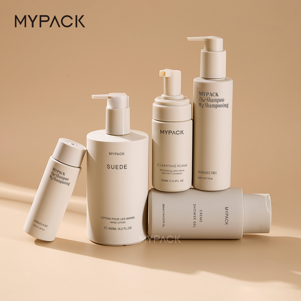 MYPACK Luxury Soft Touch Pe Beige Plastic Round Shampoo Lotion Pump Squeeze Bottles Set Cosmetic Cream 100ml 200ml 450ml