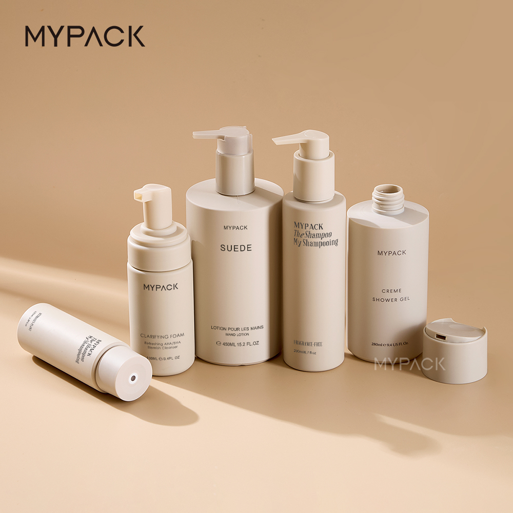 MYPACK Luxury Soft Touch Pe Beige Plastic Round Shampoo Lotion Pump Squeeze Bottles Set Cosmetic Cream 100ml 200ml 450ml