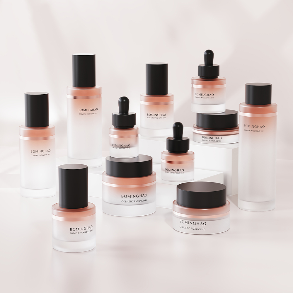 Custom 50g Cosmetic Face Cream Jar Brown Shiny Glass Skincare Packaging 30 50 100ml Flat Serum Bottle Set