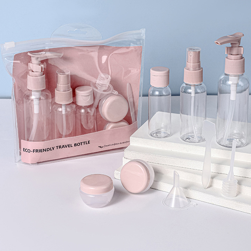 Wholesale Travel Bottles Set Travel Bottle Kits Pink White Skincare PET Plastic Bottle Plastic Cosmetic Packaging Set