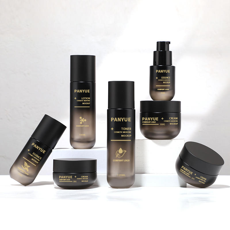 Customizable Color and Logo Lotion Pump Premium Skincare Packaging All Black Glass Bottle Set 100ml 120ml