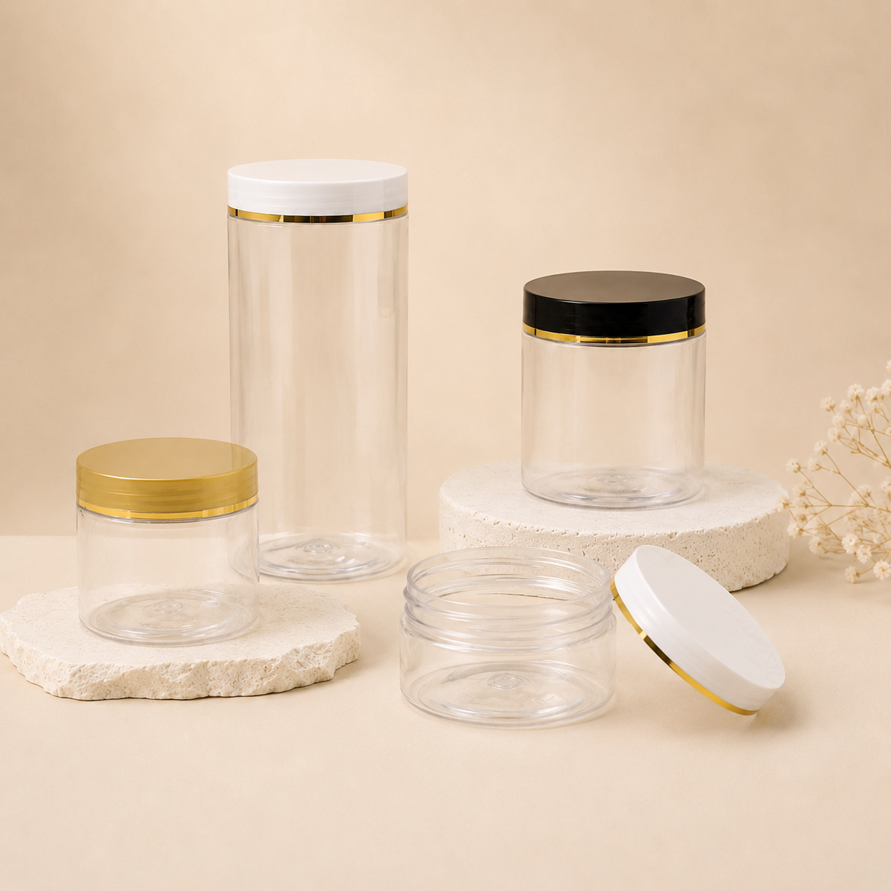 Custom Printed PET Plastic Round Cosmetic Jars With Screw Top Cap 150ml Capacity For Skin Care Cream Packaging