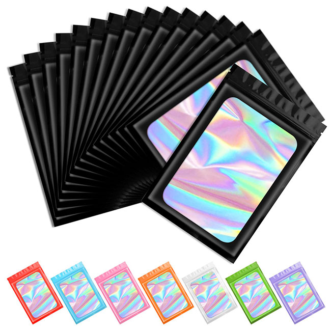 Resealable Ziplock Small Business Sealable Plastic Bag Custom Print White Black Pink Holographic Flat Mylar Packaging Zip Pouch