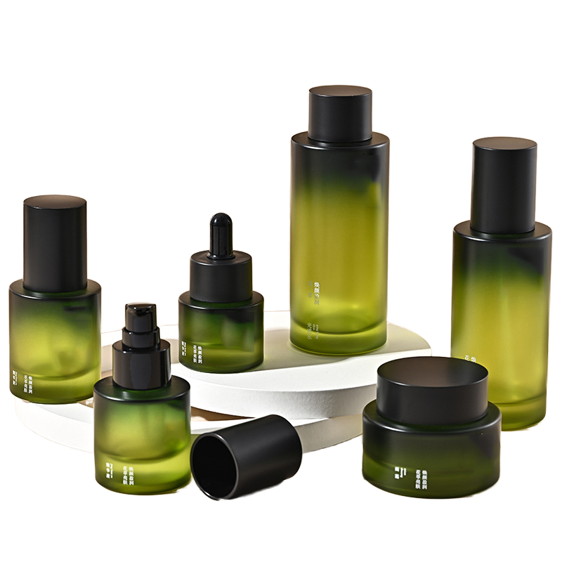 Cylinder Cosmetic Glass Bottle Set 30ml 50ml 100ml Face Cream Serum Lotion Custom Gradient Green Color Dropper